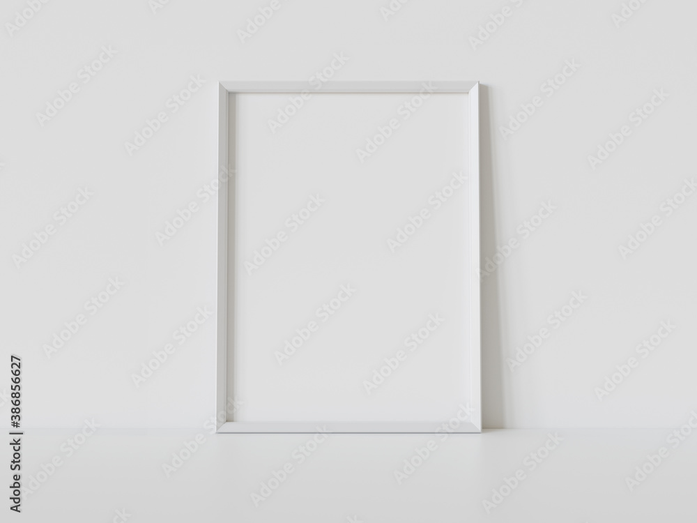 Poster white frame leaning on white floor in interior mockup. template of a picture framed on a wall 3d ren