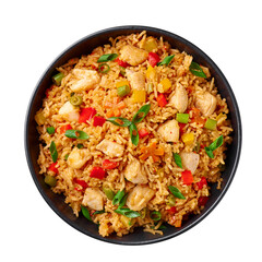 Schezwan Chicken Fried Rice in black bowl isolated on white background. Szechuan Rice is indo-chinese cuisine dish with bell peppers, green beans, carrot, chicken breasts. Top view