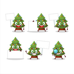 Obraz na płótnie Canvas Green christmas tree cartoon character bring information board