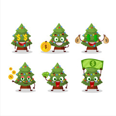 Green christmas tree cartoon character with cute emoticon bring money