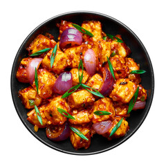 Schezwan Paneer in black bowl isolated on white background. Schezwan Paneer is indo-chinese cuisine dish with deep fried Paneer cheese, onion and Schezwan Sauce. Top View