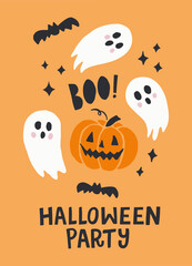 Handwritten Halloween Party Cute Vector Design with Black Scary Bat Silhouettes, White Spooky Ghosts and Magical Stars on Orange Background. Hand Drawn Illustration. Ideal for Posters and Cards.