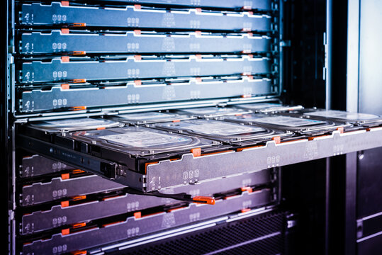 Slot for the hard drives is sticking out in the server room. Com