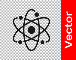 Black Atom icon isolated on transparent background. Symbol of science, education, nuclear physics, scientific research. Vector.