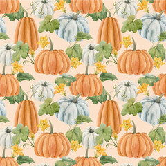 Beautiful autumn vector seamless pattern with watercolor pumpkin vegetables, leaves and flowers . Stock illustration.
