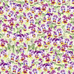Seamless pattern with viola flowers and green leaves. Ideal design of interior textile, clothes on Victorian style. Hand painted watercolor painting on paper. 