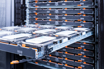 server cabinet with open hard disk cluster tray