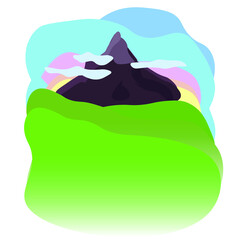 Vector  mountain landscape in a flat style. Vector mountains and fields in sunset 