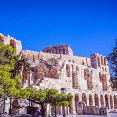 Parthenon and Acropolis walls over the arches of Heriodeion theater, Athens Greece