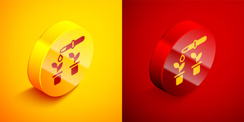 Isometric Drop of water drops from pipette on plant icon isolated on orange and red background. Medical or agricultural experiments. Fertilizers and pesticides. Circle button. Vector.