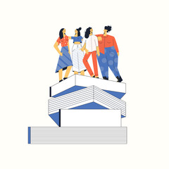 A group of young girls and big books. Library concept and female characters. Reading, learning and tiny people modern vector illustration isolated on white background for banner, poster, template