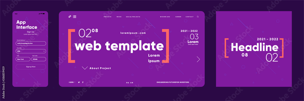 Poster set of vector illustration with a single abstract background. cover, landing page and mobile screen.