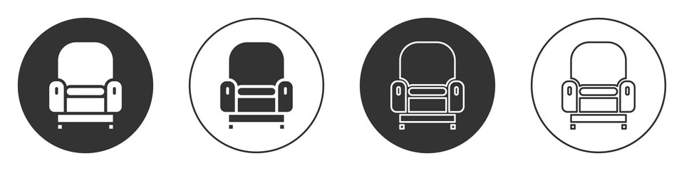 Black Armchair icon isolated on white background. Circle button. Vector.