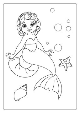 Cute Mermaid Princess Underwater world  with fish Coloring Book Page
