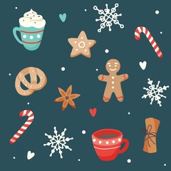 Christmas pattern with cute cups and ginger cookies, vector illustration in flat style