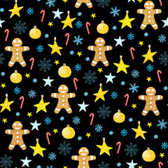 Christmas background with gingerbread cookies, sweets, snowflakes and stars