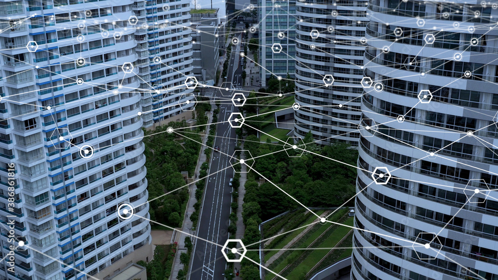 Aufkleber スマートシティー　大都市とネットワークイメージ　5g　iot
