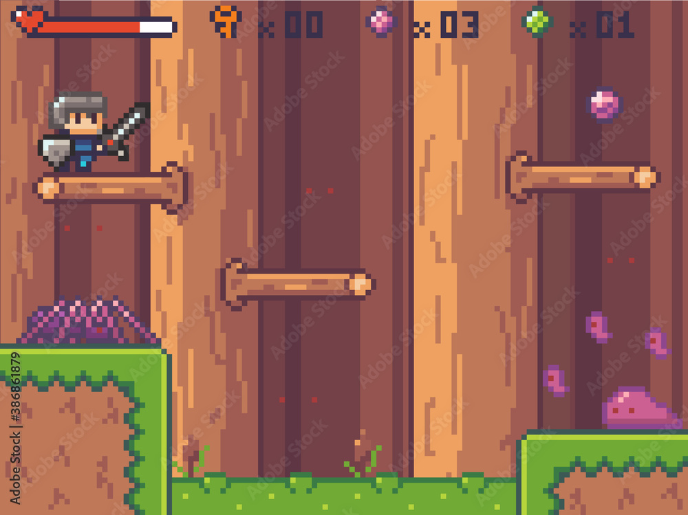 Poster pixel art style character in game arcade play. man with sharp sword and shield fighting against mons