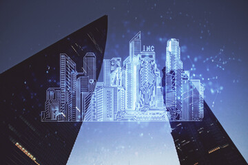 Double exposure of buildings hologram over cityscape background. Concept of smart city.