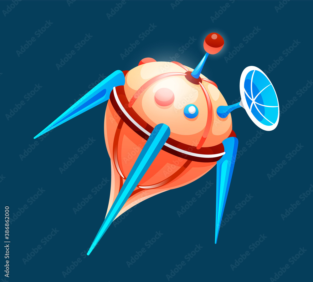 Poster colorful spaceship in space at dark background. concept of space icon for computer game. space eleme