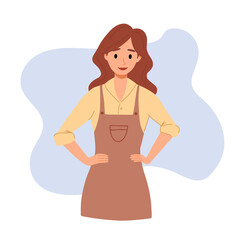 Redhead Caucasian female in apron. Agricultural smiling girl during work in field. Bio, eco food banner. Vector cartoon character isolated illustration.