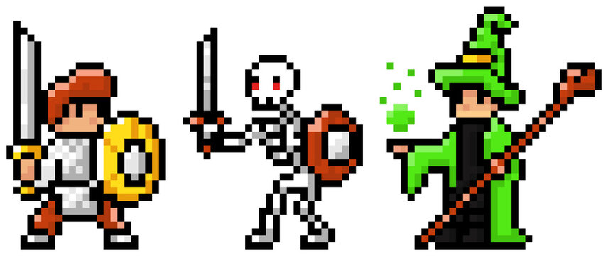 Fototapeta Pixel art style character in game arcade play vector. Man with shield and sword skeleton and wizard, retro gaming mode. Player hero character, skeleton with weapons, magician, sorcerer with stick