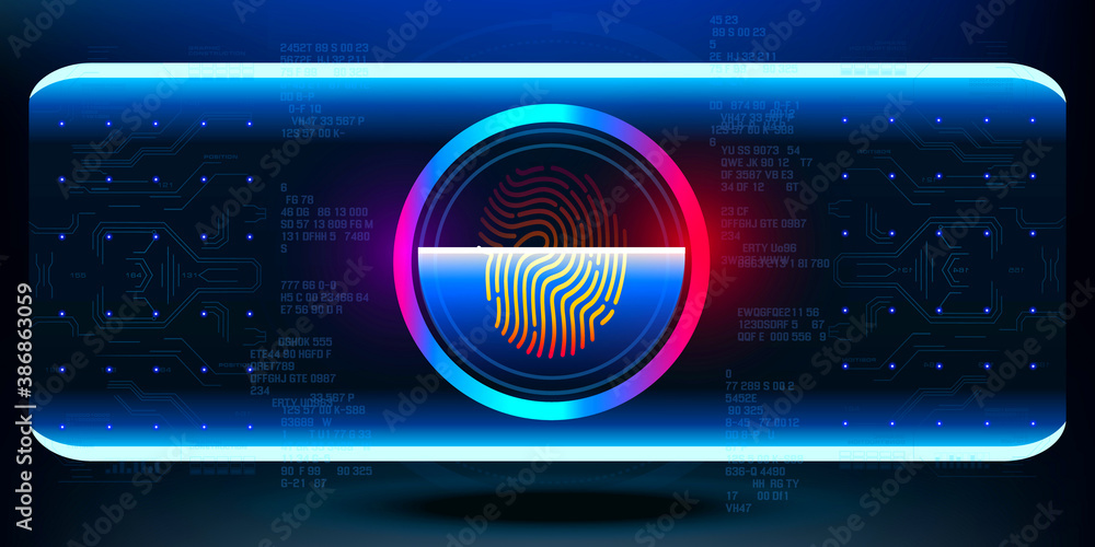 Poster biometric scanner. fingerprint scan. cyber security concept banner. account control with password or