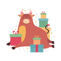 Cute cartoon bull with lots of gifts. Happy ox celebrates birthday. Funny cow character. Symbol of the 2021 New year. Holiday card or banner for Christmas, new year, bday. Vector flat illustration