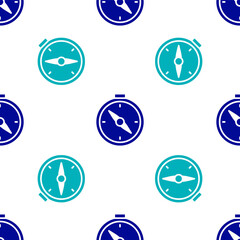 Blue Compass icon isolated seamless pattern on white background. Windrose navigation symbol. Wind rose sign. Vector.
