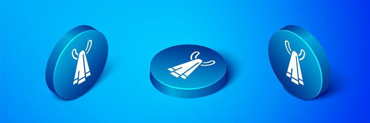 Isometric Towel on a hanger icon isolated on blue background. Bathroom towel icon. Blue circle button. Vector.