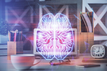 Double exposure of work space with computer and human brain drawing hologram. Brainstorm concept.