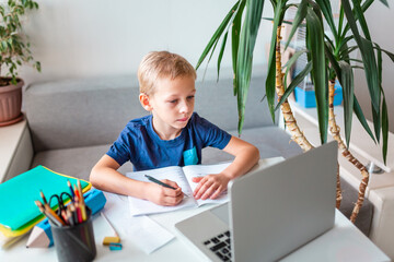 Little young school boy working at home with a laptop and class notes studying in a virtual class.