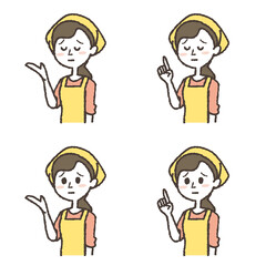 エプロンと三角巾をつけた、案内する女性のイラストセット。さえない表情。