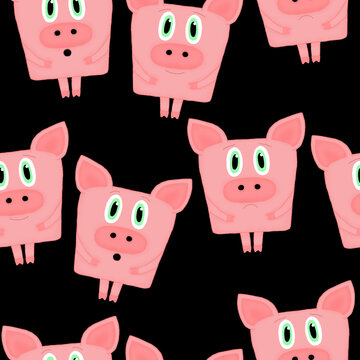seamless pattern with emotional pigs on a black background