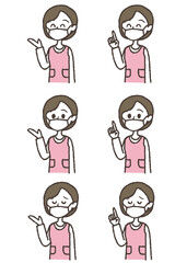 マスクをつけた、案内するエプロン姿の女性のイラストセット。マスクバージョン。