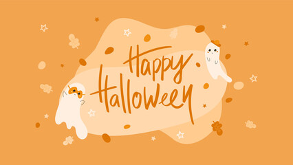 Happy Halloween hand drawn lettering. Web banner with cute smiling ghosts, candies and leaves on abstract shape background. Greeting card, vector illustration. Holiday poster, advertising, concept.