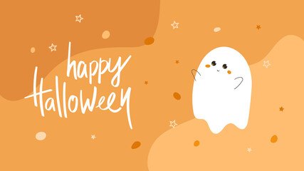 Happy Halloween hand drawn lettering. Web, print banner with cute smiling ghost, candies on abstract shape background. Greeting card, vector illustration. Holiday poster, advertising, concept.