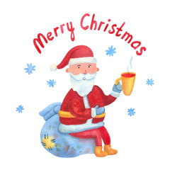 Merry Christmas greeting card with  cute cheerful Santa holding a mug of tea or mulled wine. He sits on a bag with gifts. Hand drawn lettering. Watercolor illustration isolated on white background.