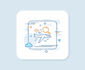 Search flight line icon. Abstract square vector button. Airplane with magnifying glass sign. Find airport flights symbol. Search flight line icon. Quality concept badge. Vector