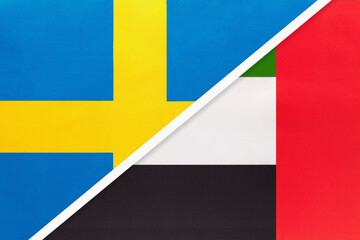 Sweden and United Arab Emirates or UAE, symbol of national flags from textile.