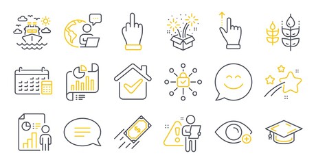 Set of Business icons, such as Fireworks, Chat, Middle finger symbols. Business report, Fast payment, Ship travel signs. Graduation cap, Farsightedness, Touchscreen gesture. Gluten free. Vector