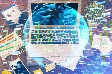 Multi exposure of business theme icons and work space with computer background. Concept of success.