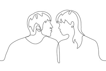 man and woman before kissing. one line drawing of a heterosexual couple (male and female) about to kiss and pulling their lips towards each other.