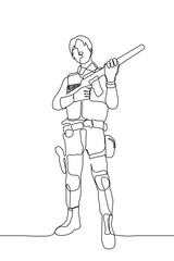 full length hitman with unprotected head in uniform holds a weapon, posing for the observer. one line drawing soldier / paintball player standing holding a gun