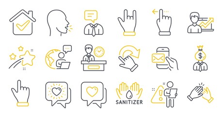 Set of People icons, such as Heart, Friends chat, Rotation gesture symbols. Support service, Clapping hands, Manager signs. Presentation time, Cough, Touchscreen gesture. Click hand. Vector