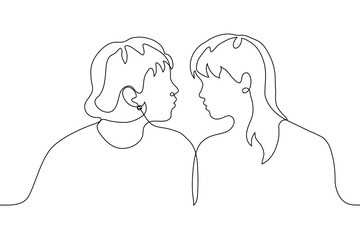 moment before the kiss of two lesbians. one line drawing of a profile of two homosexual women about to kiss. Love relationships of bisexual women or lesbians