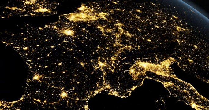 France at night in the earth planet rotating from space