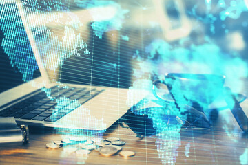 Multi exposure of business theme icons and work space with computer background. Concept of success.