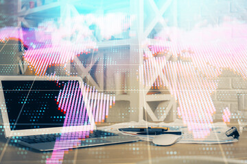 Multi exposure of business theme icons and work space with computer background. Concept of success.