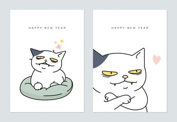 New Year greeting card template design, funny cat character